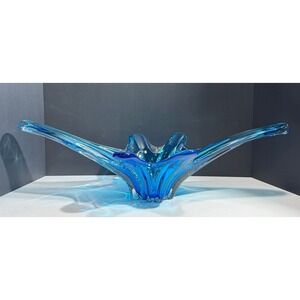 Vintage XXL Murano Style Blue Art Glass Centerpiece Bowl Winged Swirl Sculpture